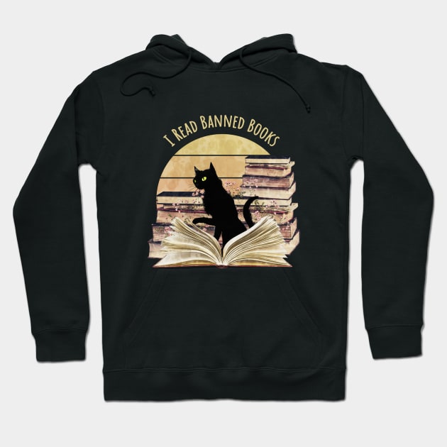 Black Cat reading a banned books, watercolor sunset style, flowers growing from book, cats and books lovers Hoodie by Collagedream